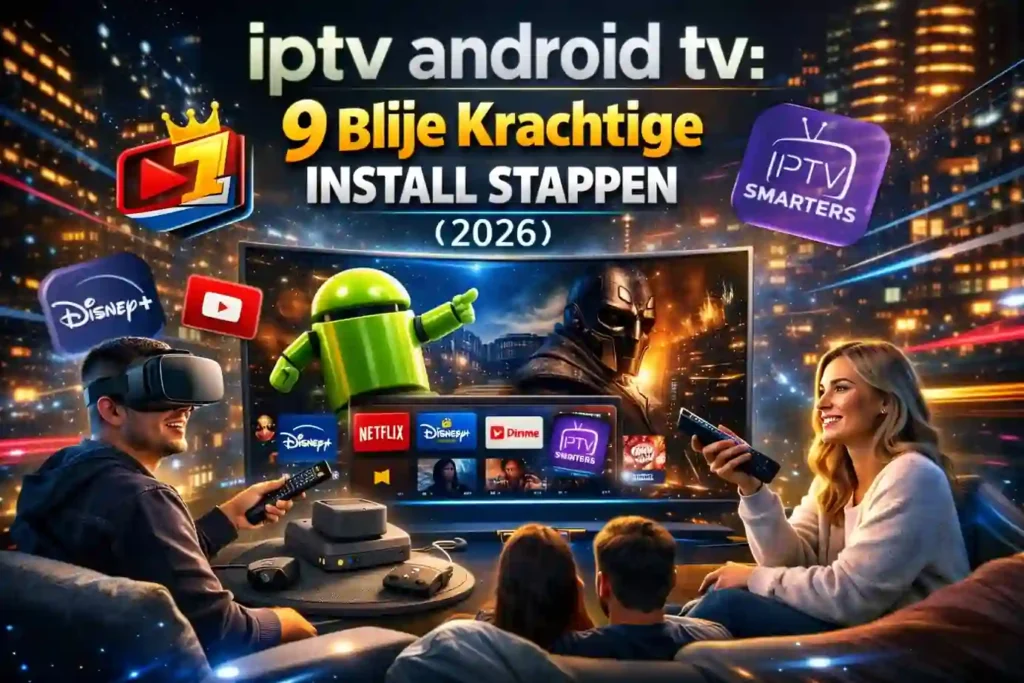 iptv android tv 9 Blije Krachtige Install Stappen (2026) – Android TV setup met IPTV Smarters en gezin in de woonkamer (IPTV1.nl)