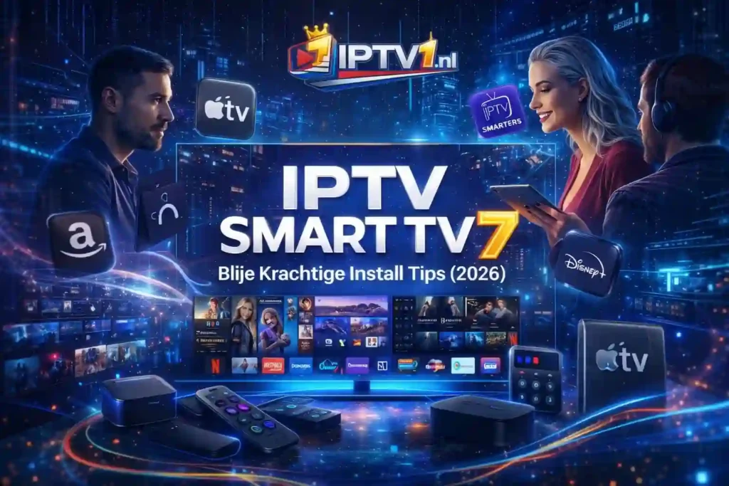 IPTV smart tv 7 Blije Krachtige Install Tips (2026) – IPTV1.nl guide met smart TV, remote en installatie-icons