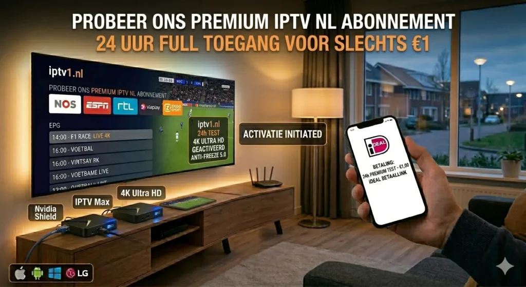 IPTV test, IPTV Nederland abonnement, IPTV kopen, iptv1.nl, 4K-kwaliteit, iDEAL, Xtream Codes, M3U-link, WhatsApp support, Buffervrij, IBO Player, TiviMate, IPTV Box, Anti-Freeze 5.0